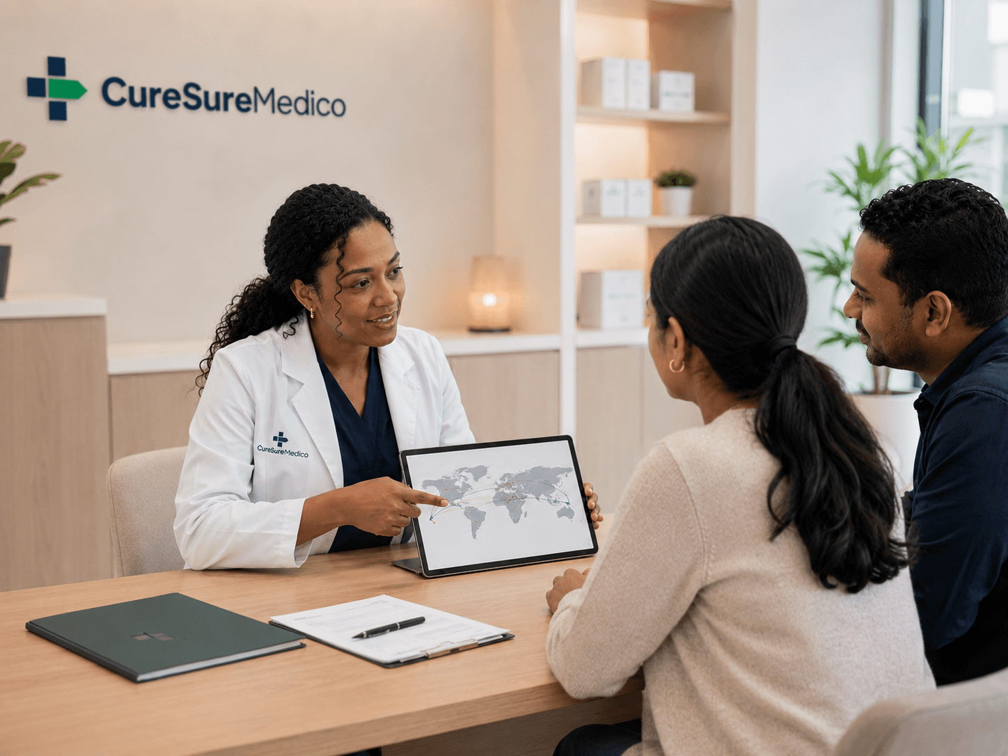 CureSureMedico consultant presenting global care options on a tablet to a couple during a medical travel consultation